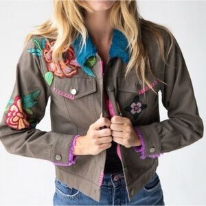 Natural Life Tara Lite Brown Pink Floral Embroidered Jean Jacket Fur lining XL